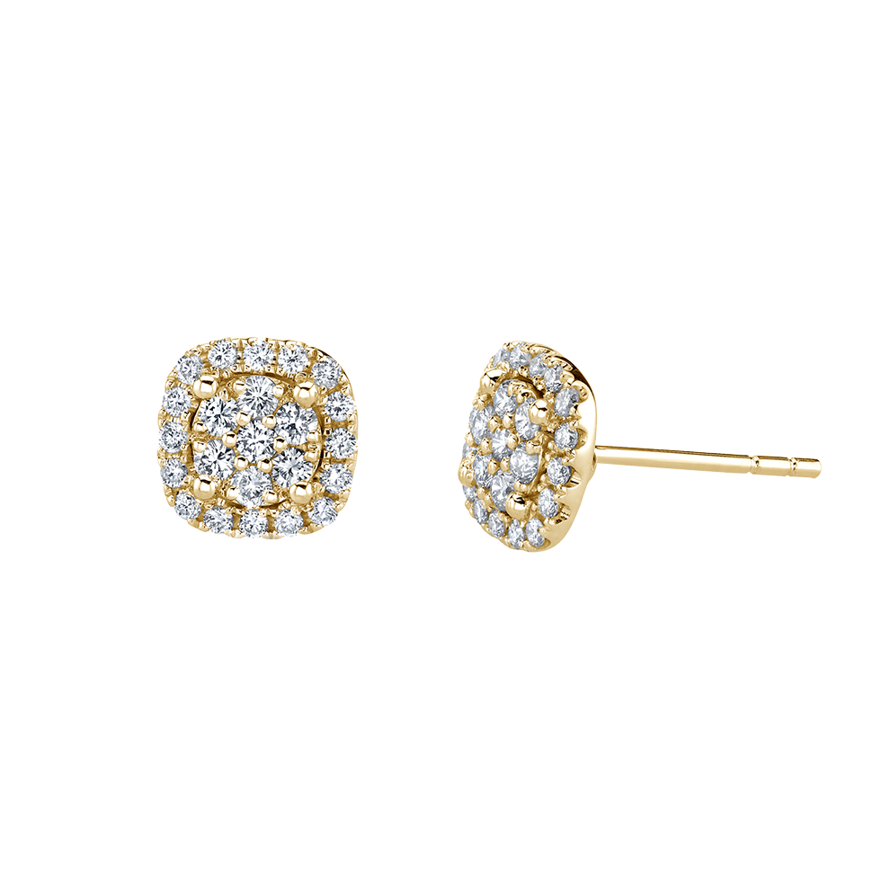 Sabel Collection Yellow Gold Round Diamond Cushion Halo Earrings